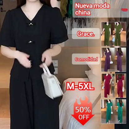 🌸【Top + Pantalones anchos】Conjunto de seda helada a la moda
