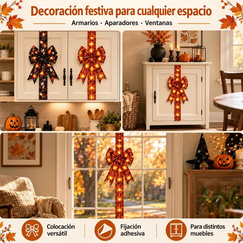 2 piezas 26€ 🎃 Decoración de lazo para armarios de Halloween: Divertida corona de cinta con forma de calabaza para armarios de cocina