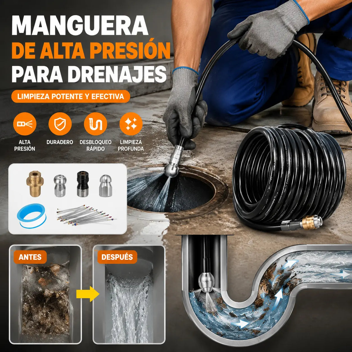 Limpiador de tuberías multifuncional de alta presión / equipado con boquilla de alta presión y manguera larga / utilizado para desatascar tuberías de desagüe y eliminar obstrucciones.