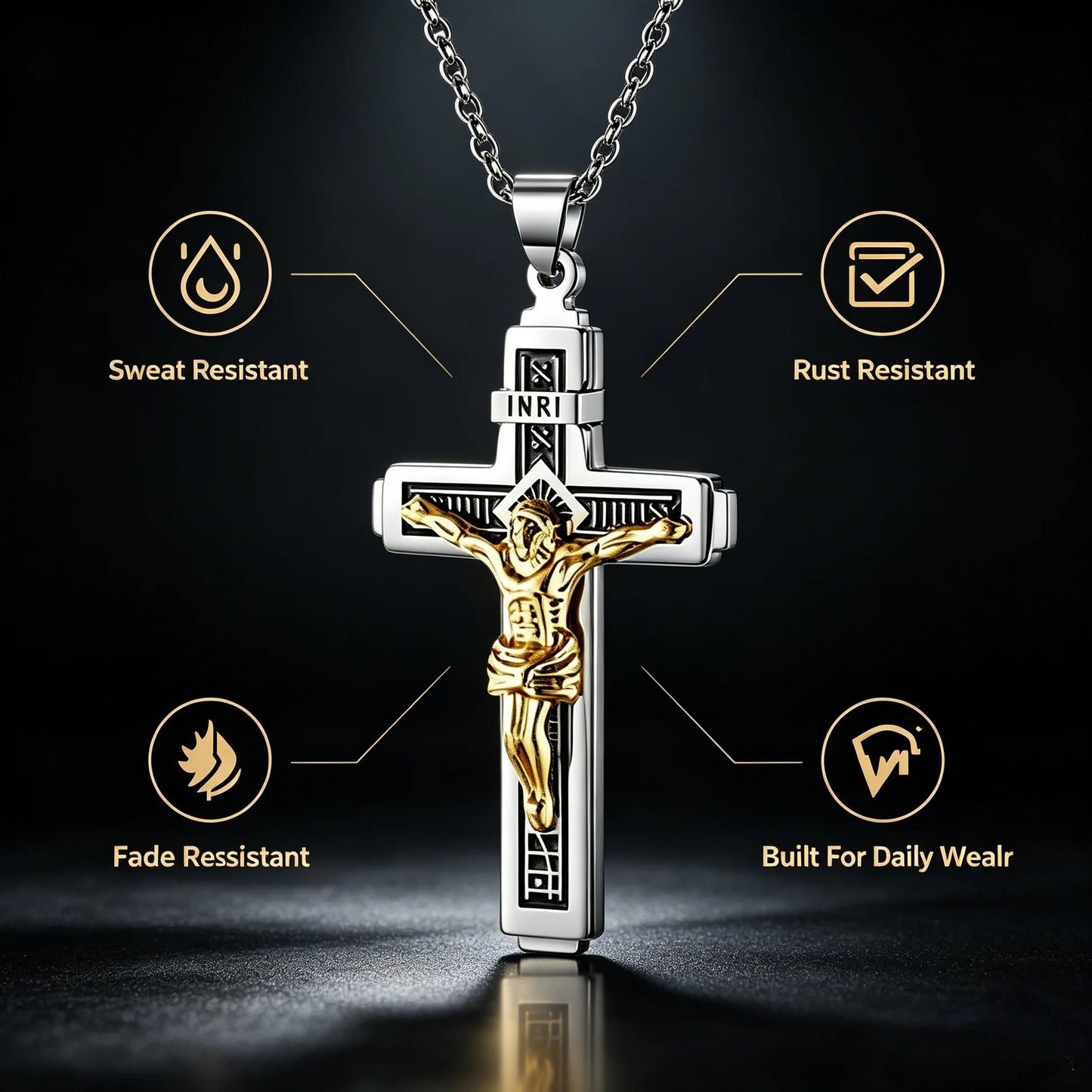 ✝️✨Collar minimalista de acero inoxidable con cruz para hombre - Colgante con la palabra "Fe" grabada