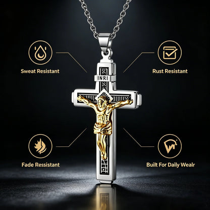 ✝️✨Collar minimalista de acero inoxidable con cruz para hombre - Colgante con la palabra "Fe" grabada