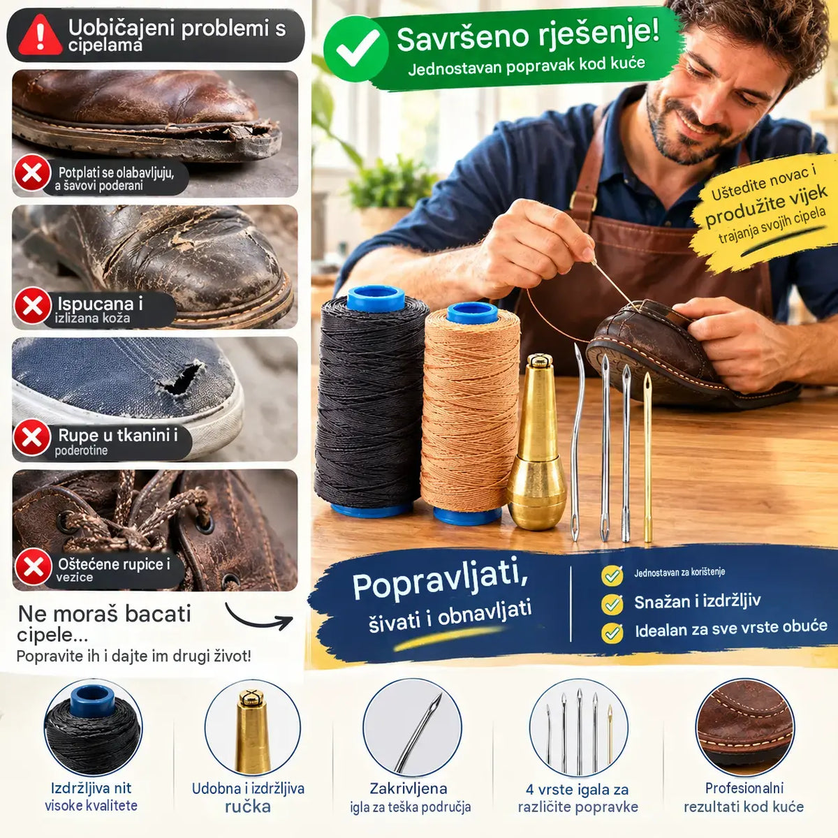 ✨Sada 50 % popusta!✨ Set od 5 dijelova za šivanje kože (šilo i voštani konac): alat za ručno šivanje i obradu kože.