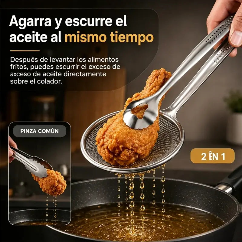 Pinzas para alimentos y colador de aceite 2 en 1 de acero inoxidable
