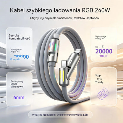 🔥 【2 sztuki za 89 zł】 🔥 (2 metry długości) Kabel 4 w 1 PD 240 W – USB-C, Lightning i szybkie ładowanie USB-A, aluminium i silikon, synchronizacja danych ⚡📱