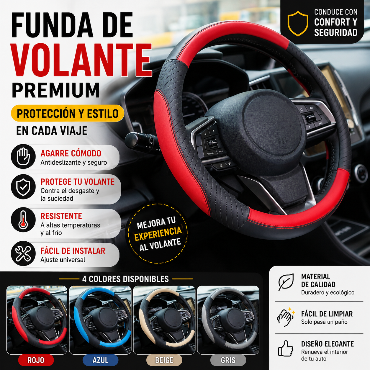 🔥Funda de volante de cuero genuino - Funda universal para volante de coche, antideslizante, duradera🔥