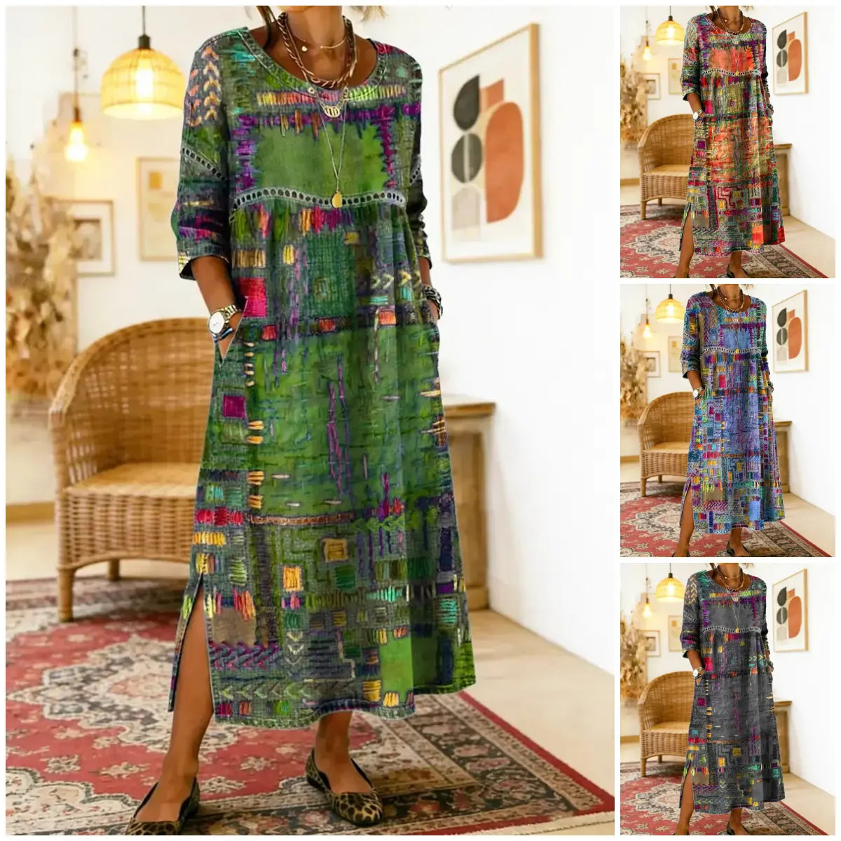 ✨ Ostatni dzień, 50% zniżki! 【S-5XL】Letnia sukienka w stylu retro, okrągły dekolt, nadruk – lekka i przewiewna, dobrze się układa, łatwa do dopasowania.