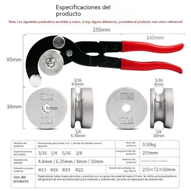 Dobladora manual de tubos – Herramienta de curvado para tuberías de cobre, aluminio (aire acondicionado), hierro y acero inoxidable de 5, 6, 8 y 10 mm.