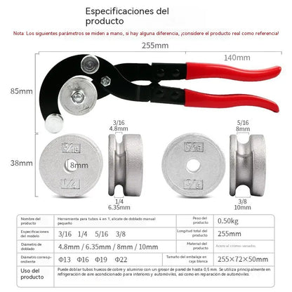 Dobladora manual de tubos – Herramienta de curvado para tuberías de cobre, aluminio (aire acondicionado), hierro y acero inoxidable de 5, 6, 8 y 10 mm.