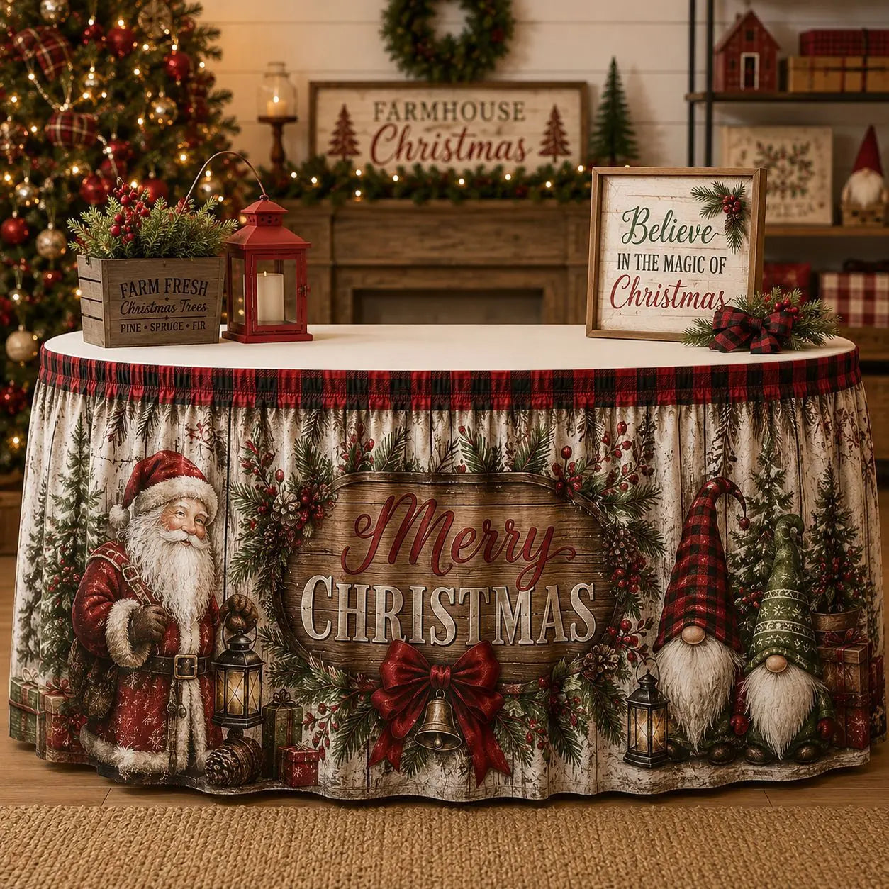【210cm*75cm】 Mantel con estampado de Santa Claus y renos para fiestas navideñas