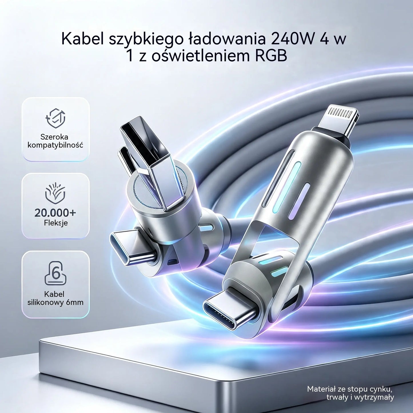 🔥 【2 sztuki za 89 zł】 🔥 (2 metry długości) Kabel 4 w 1 PD 240 W – USB-C, Lightning i szybkie ładowanie USB-A, aluminium i silikon, synchronizacja danych ⚡📱