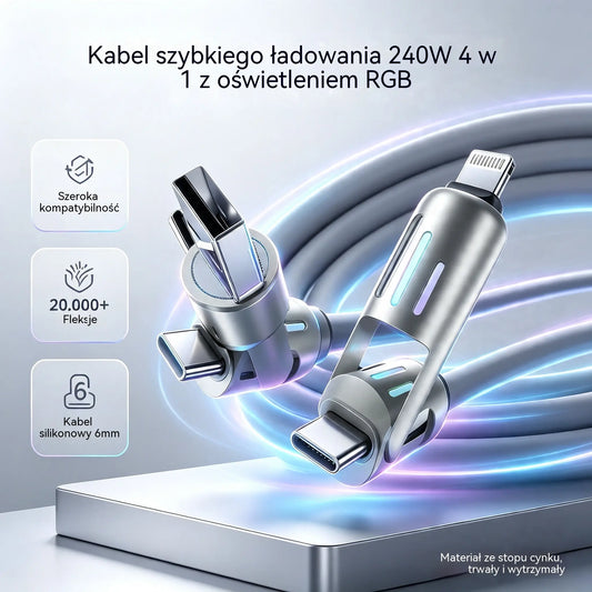🔥 【2 sztuki za 89 zł】 🔥 (2 metry długości) Kabel 4 w 1 PD 240 W – USB-C, Lightning i szybkie ładowanie USB-A, aluminium i silikon, synchronizacja danych ⚡📱