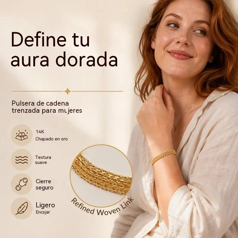 ✨ ¡Disfruta ahora de un 50% de descuento! 💛 Pulsera ancha de malla tejida: eslabones gruesos, elegante y brillante 🎀