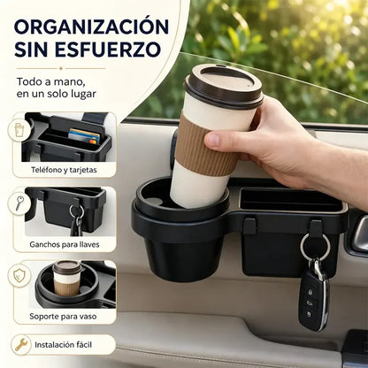 Organizador de almacenamiento 4 en 1 para ventana de coche, con bandeja para teléfono y portavasos.