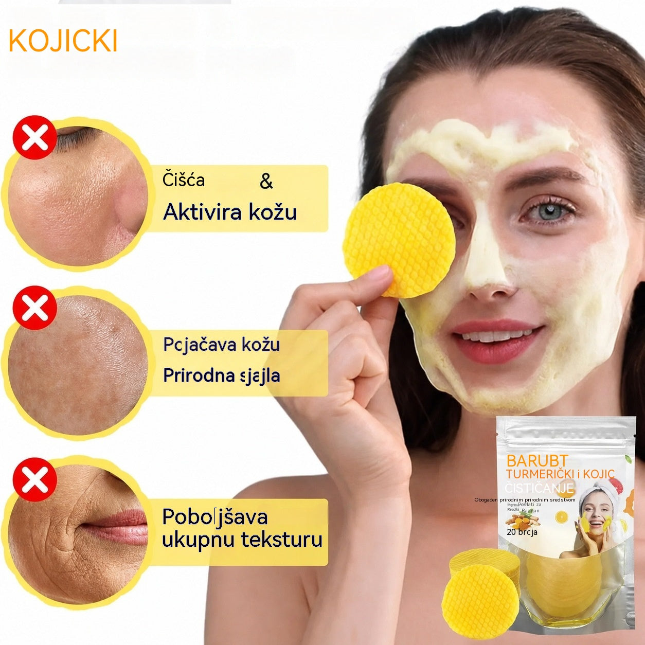 【 26 eura】3 pakiranja – ukupno 60 listića – Maramice za čišćenje lica s kurkumom i kojičnom kiselinom