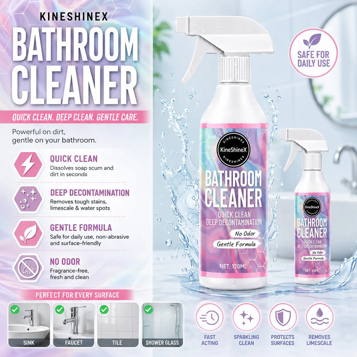 1 fľaša 60ml+ 1 fľaša 120ml+uterák*2-22€--⏰ Čistič kúpeľne – účinne rozpúšťa vodný kameň a plesne a zároveň bráni ich opätovnému vzniku. Vaša kúpeľňa bude vyzerať ako nová.