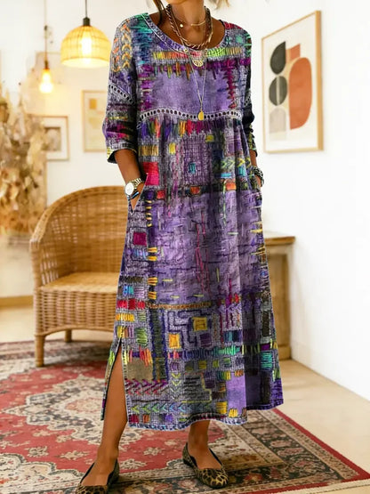 ✨ Ostatni dzień, 50% zniżki! 【S-5XL】Letnia sukienka w stylu retro, okrągły dekolt, nadruk – lekka i przewiewna, dobrze się układa, łatwa do dopasowania.