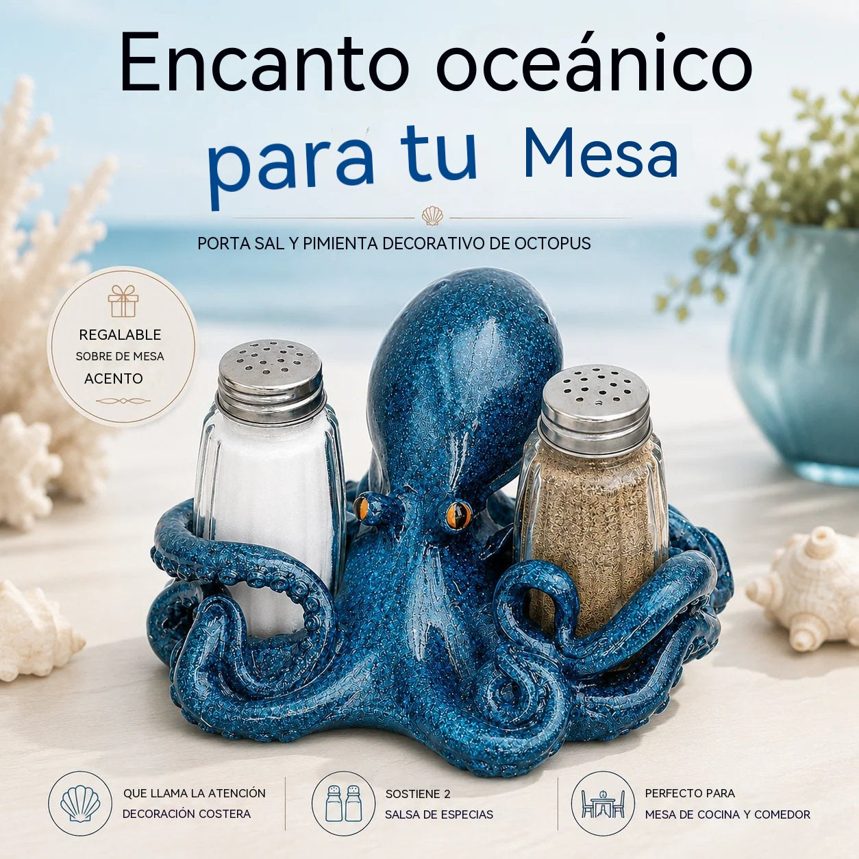 🧂🐬 Juego de salero y pimentero con soporte de animales marinos costeros