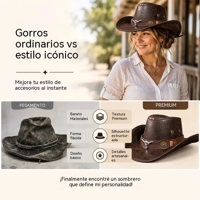 🤠¡Disfruta ahora de un 50% de descuento! 🌟Sombrero vaquero retro de ala ancha con correa para la capucha - Fedora estilo western desgastado