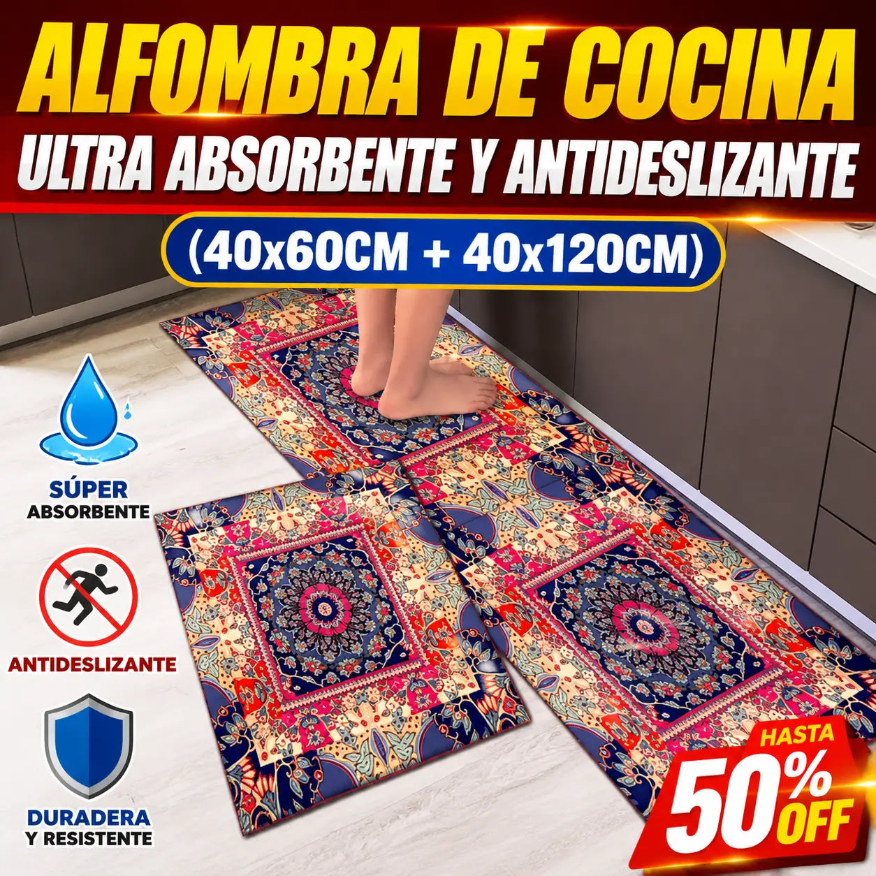 🧽 (40*60 cm + 40*120 cm)2 piezas 29€✨ Alfombra de cocina de diatomita antideslizante súper absorbente