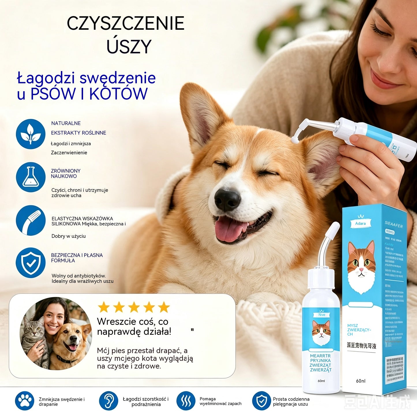 🐶🐱 Środek do czyszczenia uszu łagodzący swędzenie u psów i kotów.