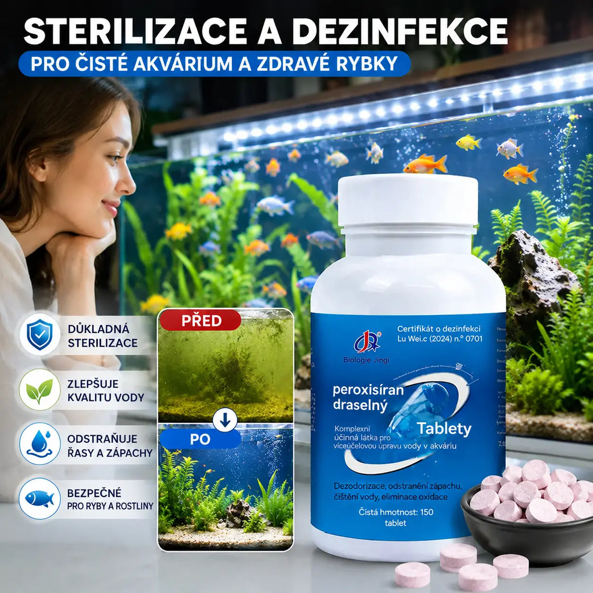 🔥【150 kapsúl】🐟🌿 Viacúčelové tablety na čistenie vody v akváriách: Sterilizujú, odstraňujú chlór a čistia vodu; vhodné pre akvária aj záhradné jazierka