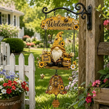 🌞Uvítací zvonček s motívom záhradného trpaslíka, nápisom „Welcome“, vintage bronzovým zvončekom, kovaným železným nástenným dizajnom a záhradnou dekoráciou.