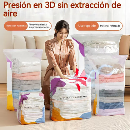 🧳【Juego de 5 piezas】💨Bolsa de almacenamiento al vacío grande y comprimible: no requiere bomba, es a prueba de fugas e ideal para ahorrar espacio en maletas y en casa ✈️