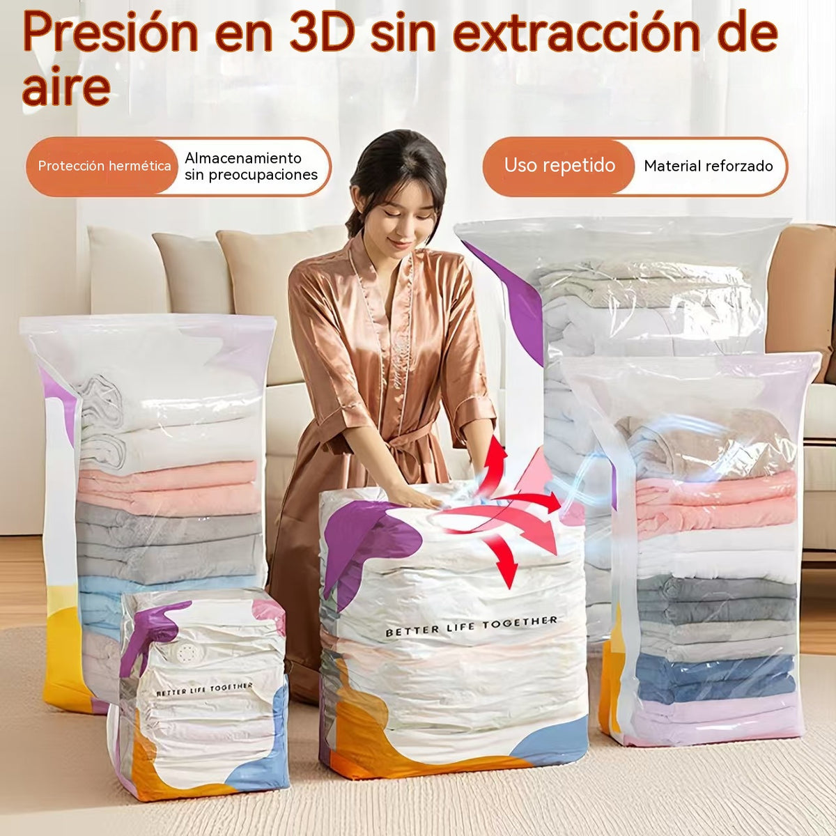 🧳【Juego de 5 piezas】💨 Bolsa de almacenamiento al vacío grande y comprimible: no requiere bomba, es a prueba de fugas e ideal para ahorrar espacio en maletas y en casa ✈️