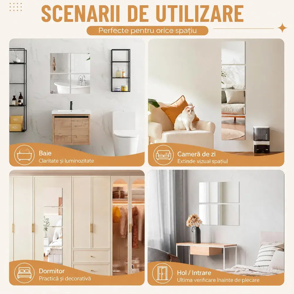 4 espejos acrílicos autoadhesivos, azulejos de espejo irrompibles, láminas de espejo de pared flexibles, espejos de cuerpo entero irrompibles para el hogar, dormitorio, gimnasio, puerta y armario.