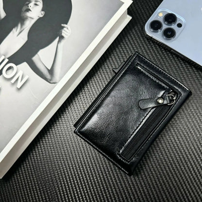 Cartera RFID para hombre: tarjetero de tres cuerpos de fibra de carbono y cartera de piel con cierre magnético y bolsillo para monedas.