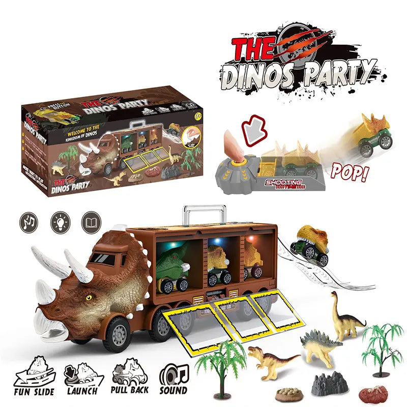 🦖🚛 Camión de transporte de dinosaurios interactivo: con luces, sonidos y figuras móviles; ¡embárcate en una divertida aventura prehistórica! ✨🎮