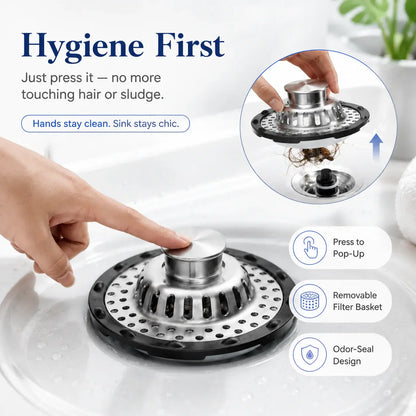 🚰 Tapón de desagüe emergente 3 en 1: filtro de desagüe cromado con recolector de pelo y cesta desmontable de acero inoxidable para lavabos de baño.