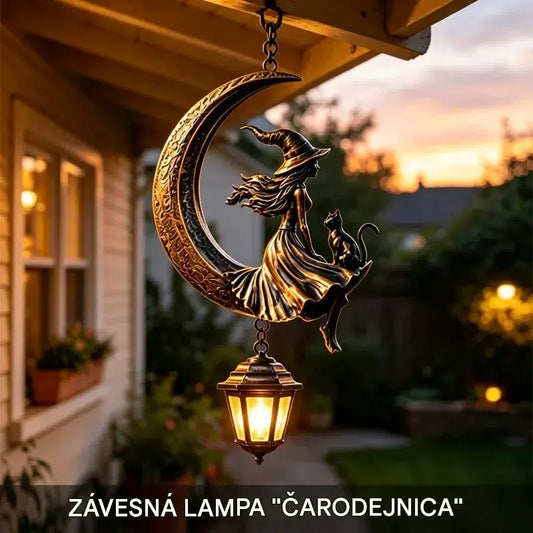 🌙🔮Solárna závesná lampa s čarodejnicou na Mesiaci — Vintage bronzová gotická záhradná dekorácia s čarodejnicou a čiernou mačkou