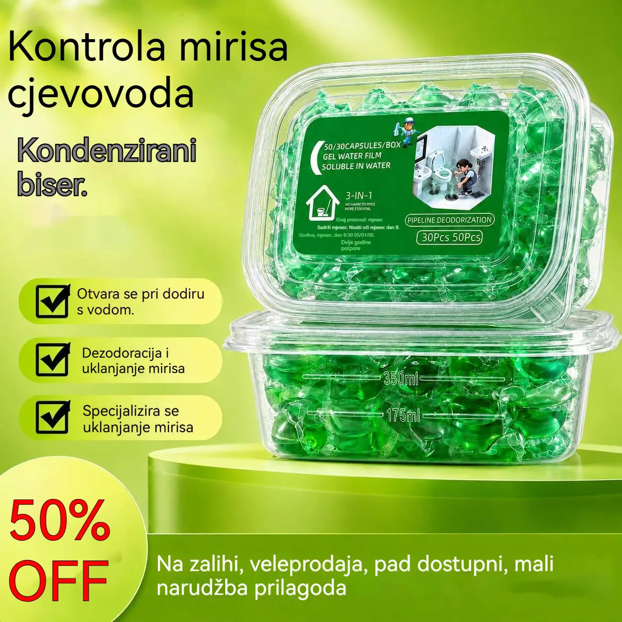 2 pakiranja (100 tableta) 👍Kapsule topljive u vodi za uklanjanje neugodnih mirisa iz odvoda - savršeno rješenje za sprječavanje širenja mirisa u kupaonicama i kuhinjama.