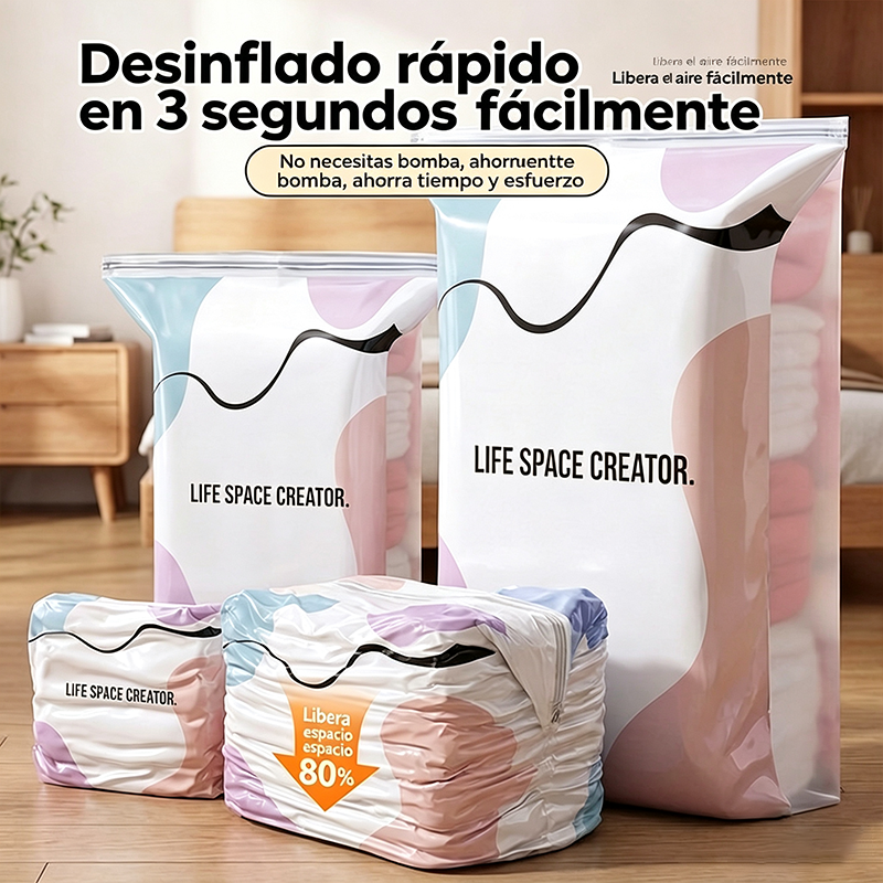 🧳【Juego de 5 piezas】💨 Bolsa de almacenamiento al vacío grande y compresible: no requiere bomba, es a prueba de fugas e ideal para ahorrar espacio en maletas y en casa ✈️