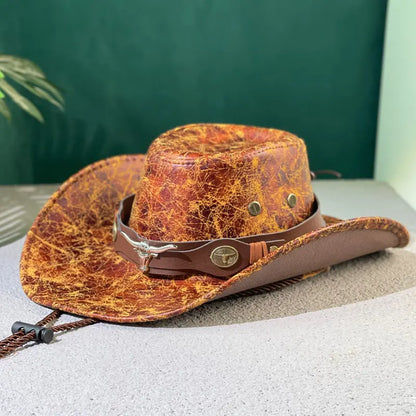 🤠¡Disfruta ahora de un 50% de descuento! 🌟Sombrero vaquero retro de ala ancha con correa para la capucha - Fedora estilo western desgastado