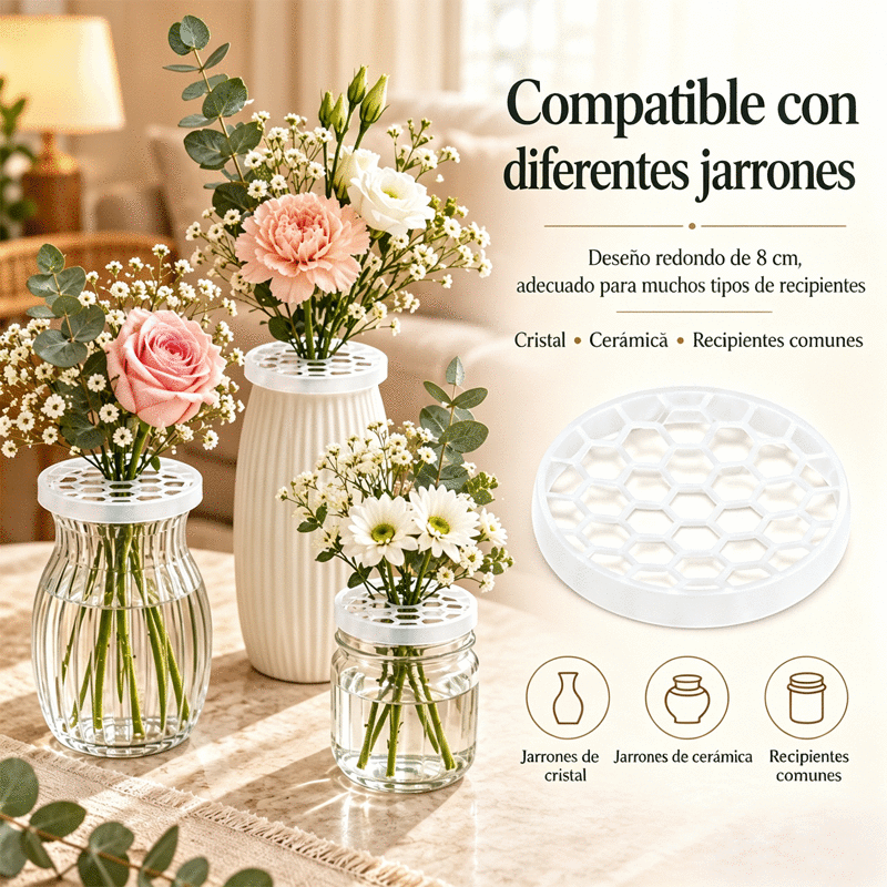 🌸🔥 Rejilla de silicona reutilizable para arreglos florales; se estira sobre el borde del jarrón y se adhiere al vidrio, facilitando la creación de arreglos.