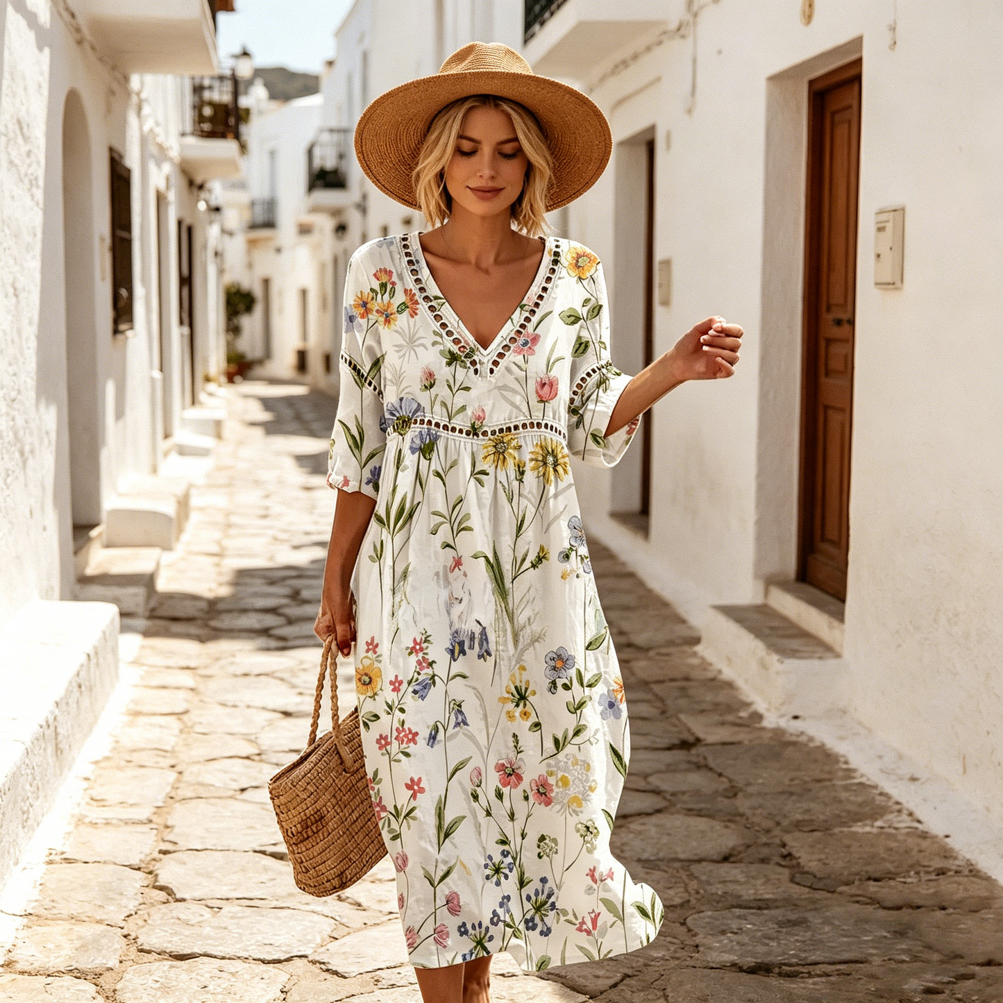 👗【S-3XL】Ženska duga haljina od pamučnog lana s printom - ljetni stil, V-izrez