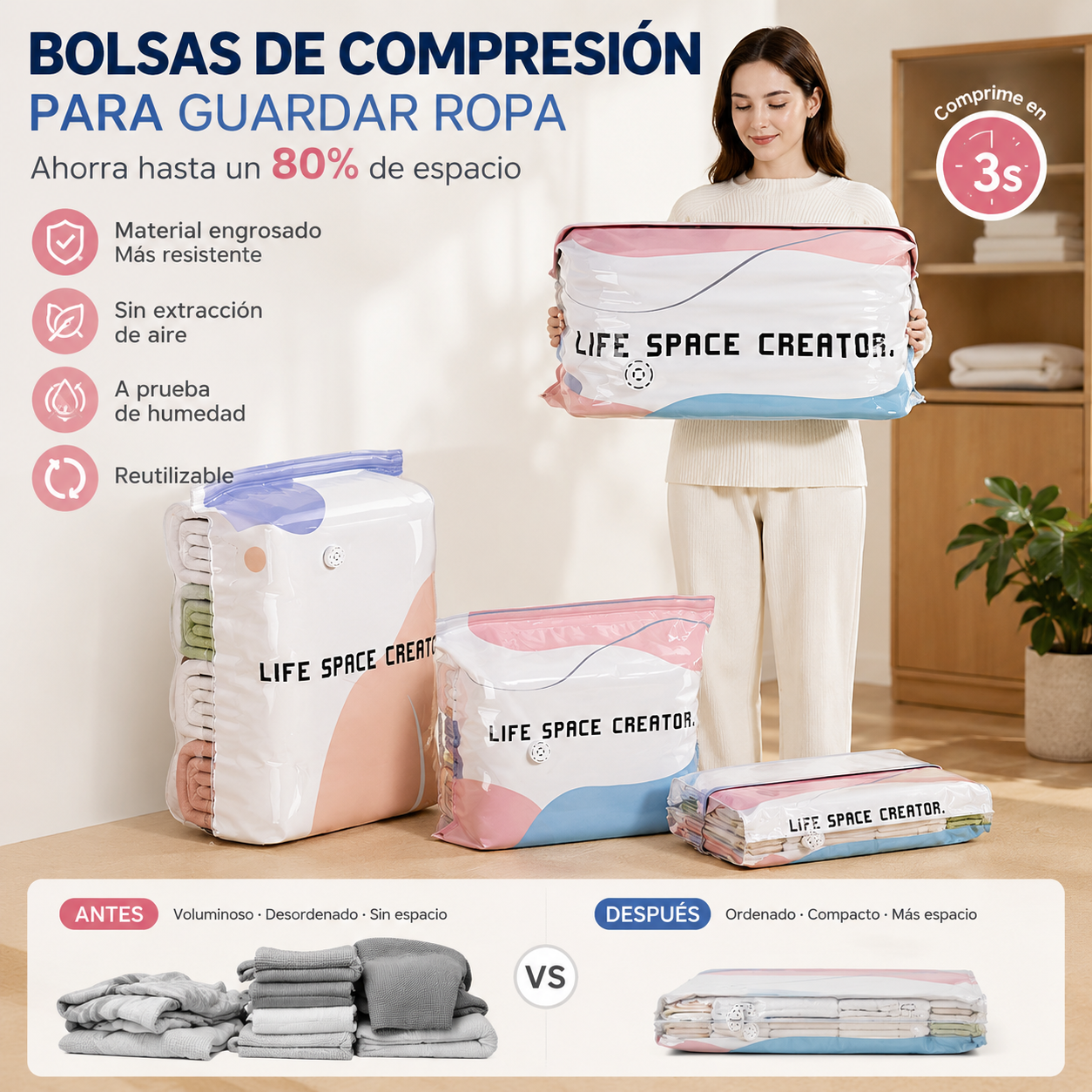 👕📦【5 piezas】Bolsas de compresión para guardar ropa, no requieren aspiradora, diseño reforzado.