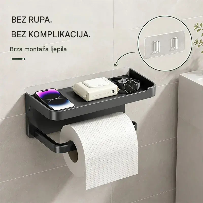 Zidni držač toaletnog papira s priborom, čvrsta baza, moderna polica za kupaonicu, jednostavna ugradnja, može držati mobitele i druge predmete.