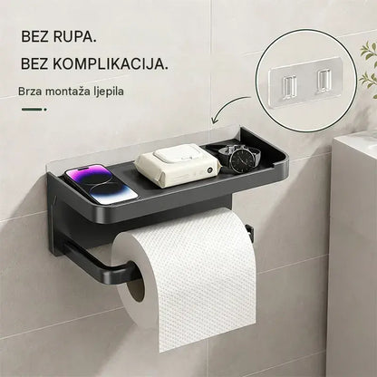 Zidni držač toaletnog papira s priborom, čvrsta baza, moderna polica za kupaonicu, jednostavna ugradnja, može držati mobitele i druge predmete.