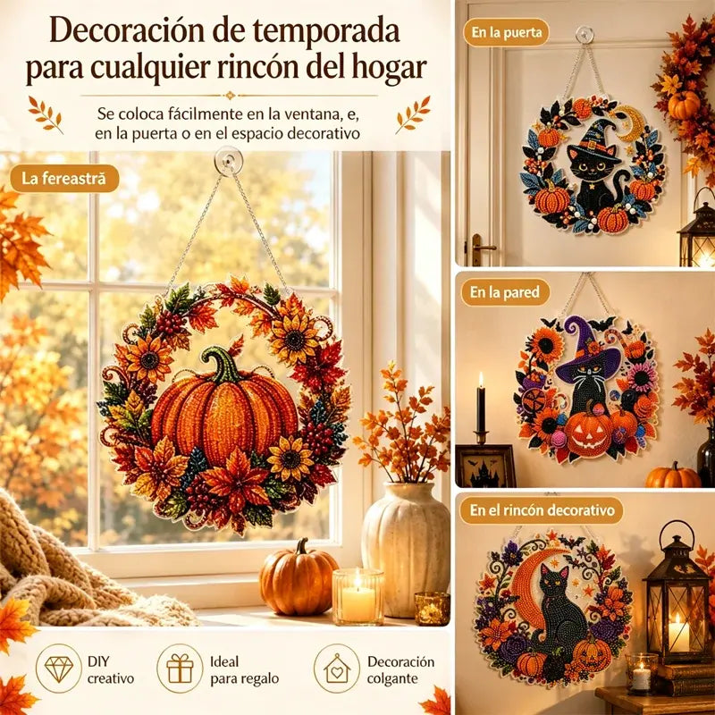 🍂 Corona de calabaza otoñal con diseño de rombos para colgar – Kit completo para armar tú mismo