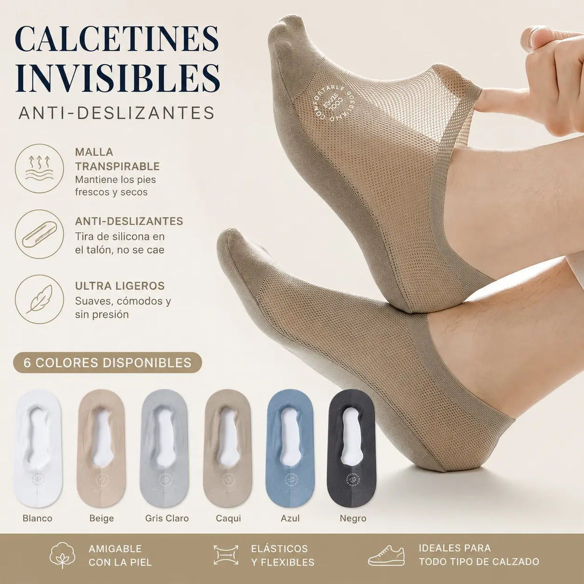 🧦【6 pares】Calcetines invisibles transpirables de malla fina antideslizantes universales de 6 piezas