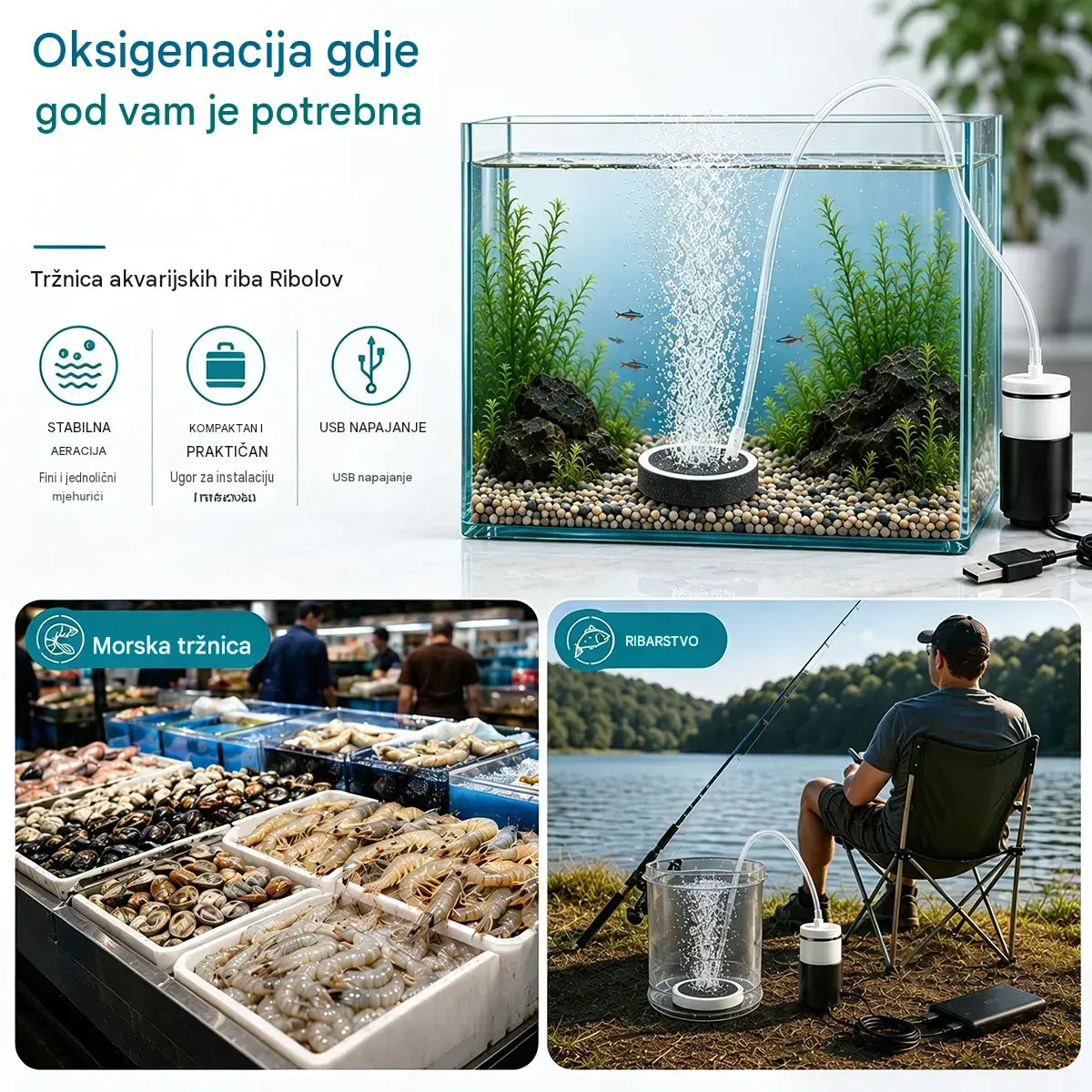 🐟🔇 Ultra tiha USB pumpa za zrak u akvariju – punjivi prijenosni oksigenator za akvarije i ribolov 🎣
