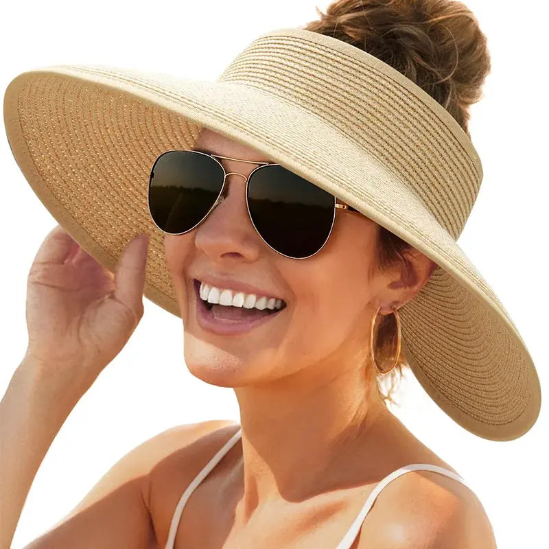 🏖 Sombrero de sol para mujer, sombrero de paja con protección UV UPF para la playa, sombrero de verano plegable de ala ancha para coletas, fácil de guardar y transportar.