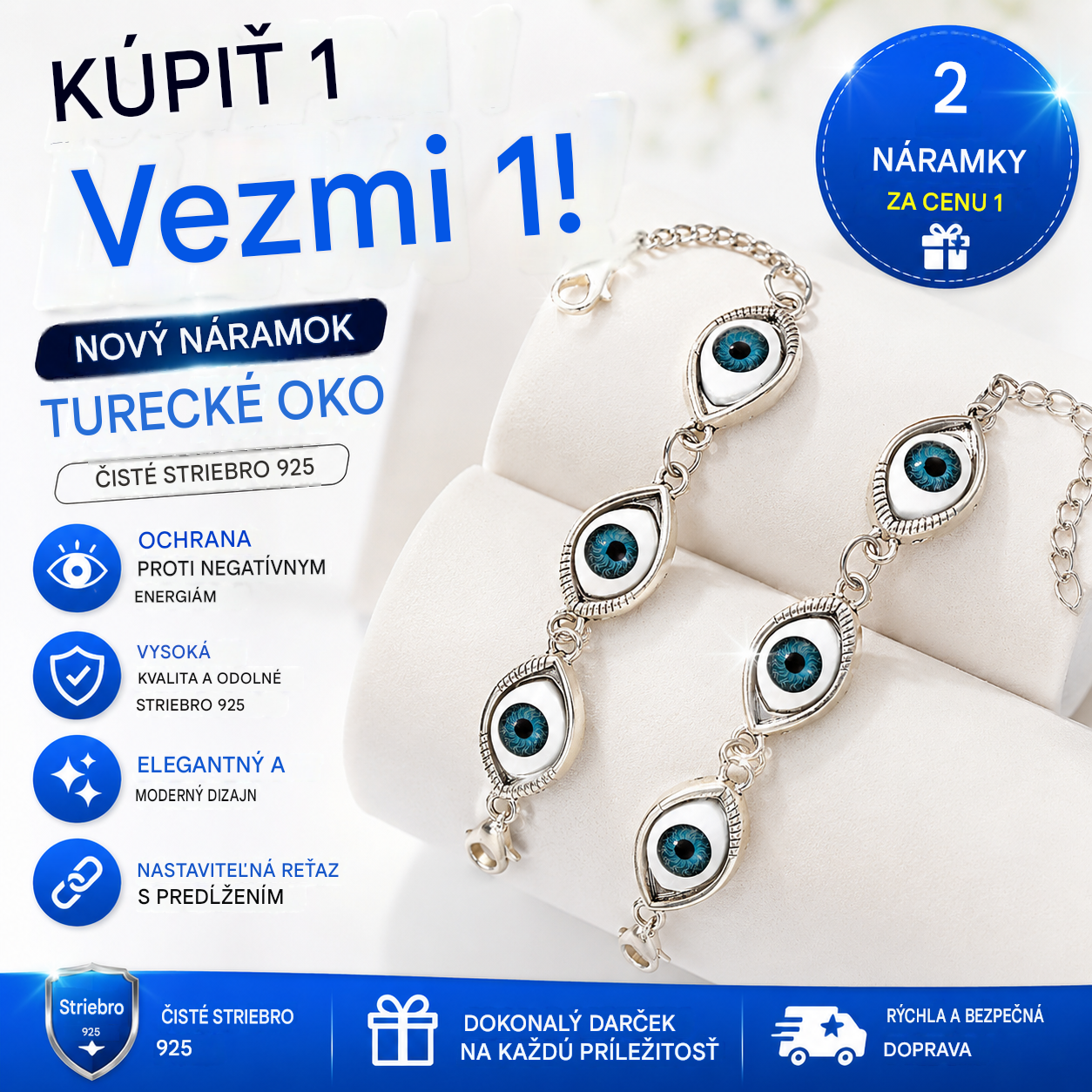 🔥2 položky za 18 eur【Kúp 1 a získaj 1 zadarmo】Nový náramok zo striebra 925 s tureckým očkom, vrátane predlžovacej retiazky.