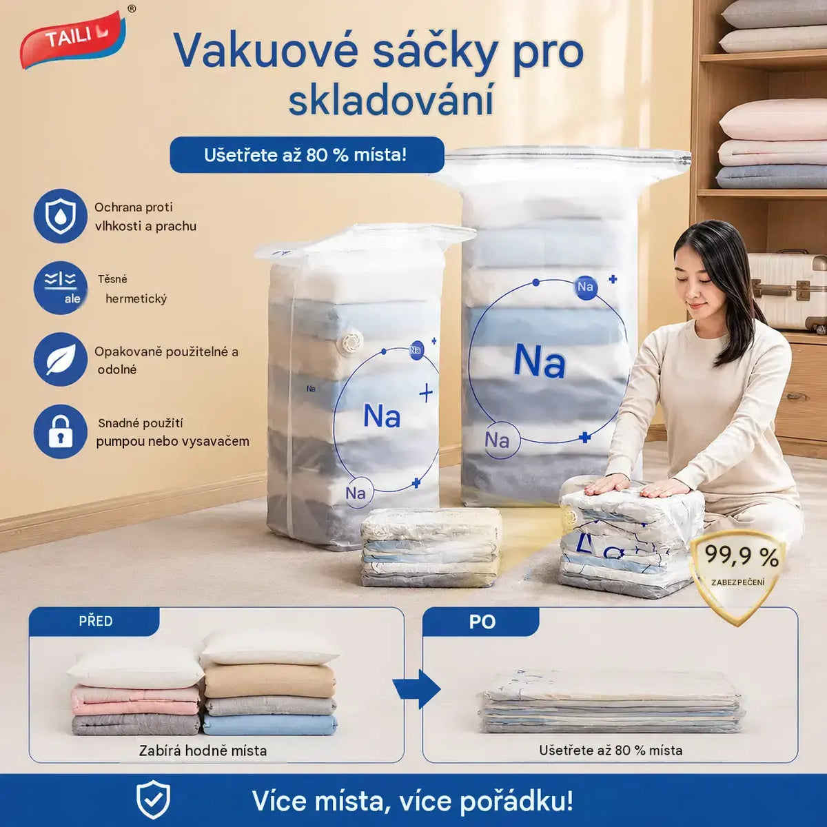 【 5 kusů za 700Kč 】 Velký, stlačitelný vakuový úložný sáček: není potřeba pumpička, nepropustný a ideální pro úsporu místa v kufrech i doma