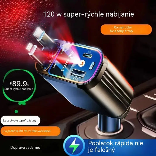 🚗Nabíjačka do auta⚡Nabíja o 200 % rýchlejšie * Vstavaný navíjací kábel * Super rýchle nabíjanie 120 W * Ambientné svetlo s efektom dýchania