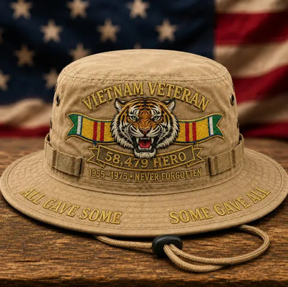🐯🐯Olivovozelený pamätný klobúk typu „bucket“ pre veteránov s výšivkou dravého tigra a nápisom.