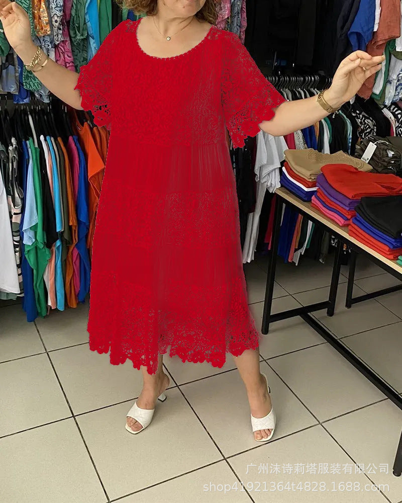 🔥【50% POPUSTA】✨✨✨【S-5XL】2026Nova haljina kratkih rukava, okrugli izrez i čipka.